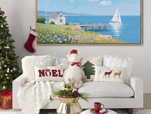 Coastal Pictures for Living Room, Beach Wall Art, Floral Wall Art Featuring Sailboat and Ocean Wall Decor, Nautical Framed Art for Bedroom or Above Bed Decor Large Artwork for Walls 20×40IN