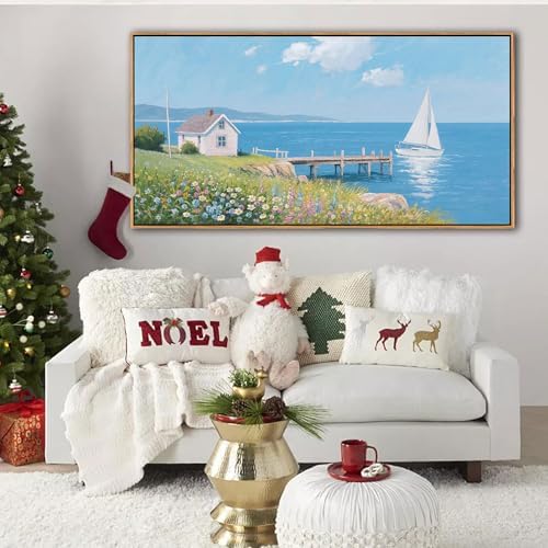 Coastal Pictures for Living Room, Beach Wall Art, Floral Wall Art Featuring Sailboat and Ocean Wall Decor, Nautical Framed Art for Bedroom or Above Bed Decor Large Artwork for Walls 20×40IN