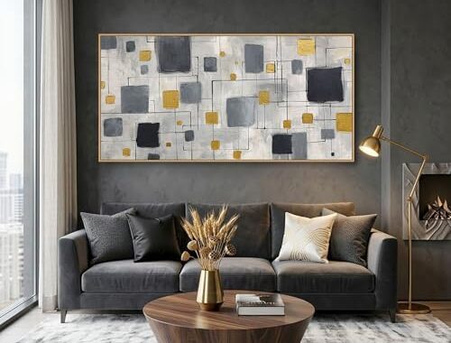 KLAKLA Modern Abstract Wall Art Poster – Black Gold Gray Neutral Decor for Living Room, Bedroom & Office, Unframed, Minimalist Abstract Design 40×20 Inches